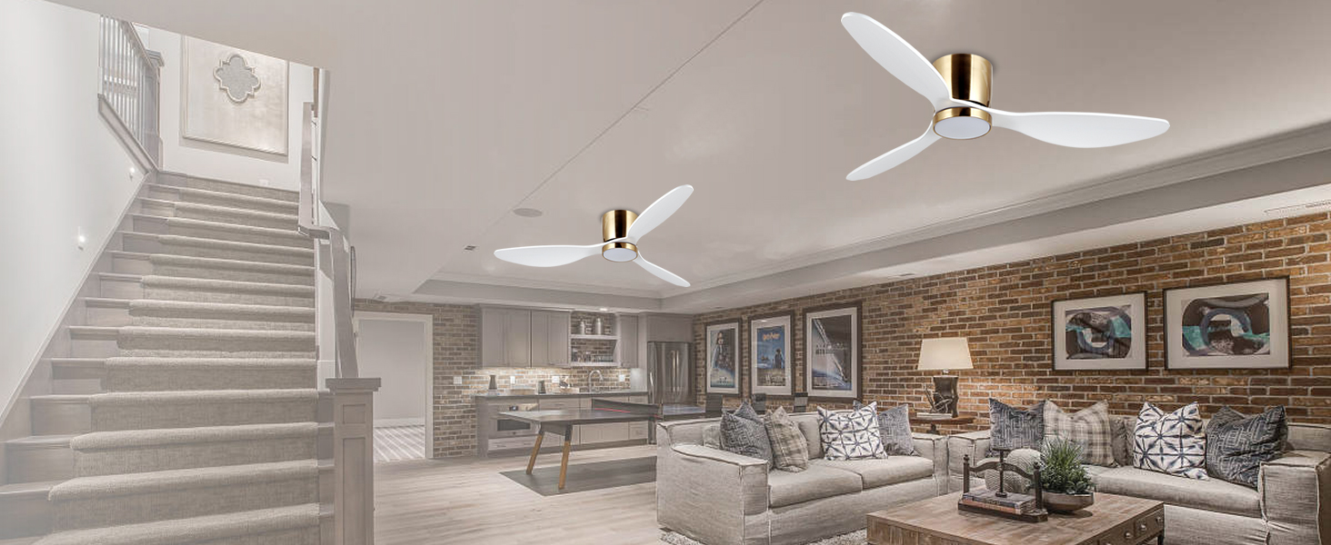 Стеляний вентилятор Reiga з LED-підсвічуванням та пультом керування, 132 см, тихий DC-двигун, 3 колірні температури, 3-лопатевий дизайн з дерева для спальні, вітальні та кухні, білий, монтаж на стелю