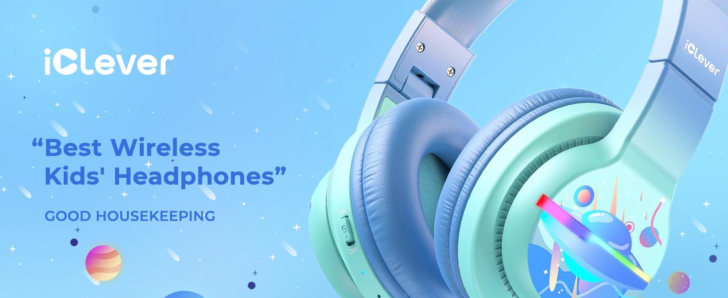 iClever Бездротові навушники для дітей з LED-підсвіткою, Bluetooth 5.2, мікрофон, BTH12 (градієнт синього)
