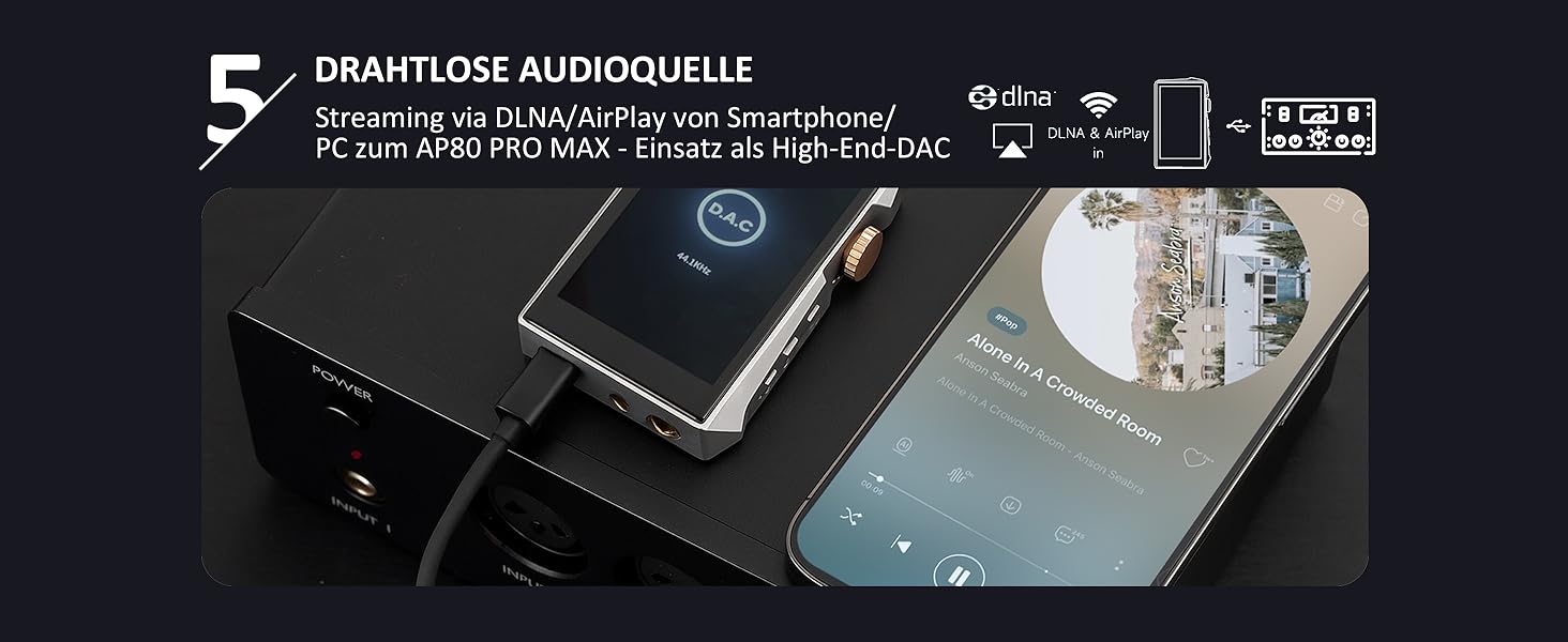 Hidizs AP80 PRO MAX: Hi-Res MP3 плеєр з Bluetooth, Wi-Fi, DLNA, AirPlay, DAC ES9219C, MQA 16X, DSD256, PCM 384kHz, підтримка SD до 2TB, Чорний