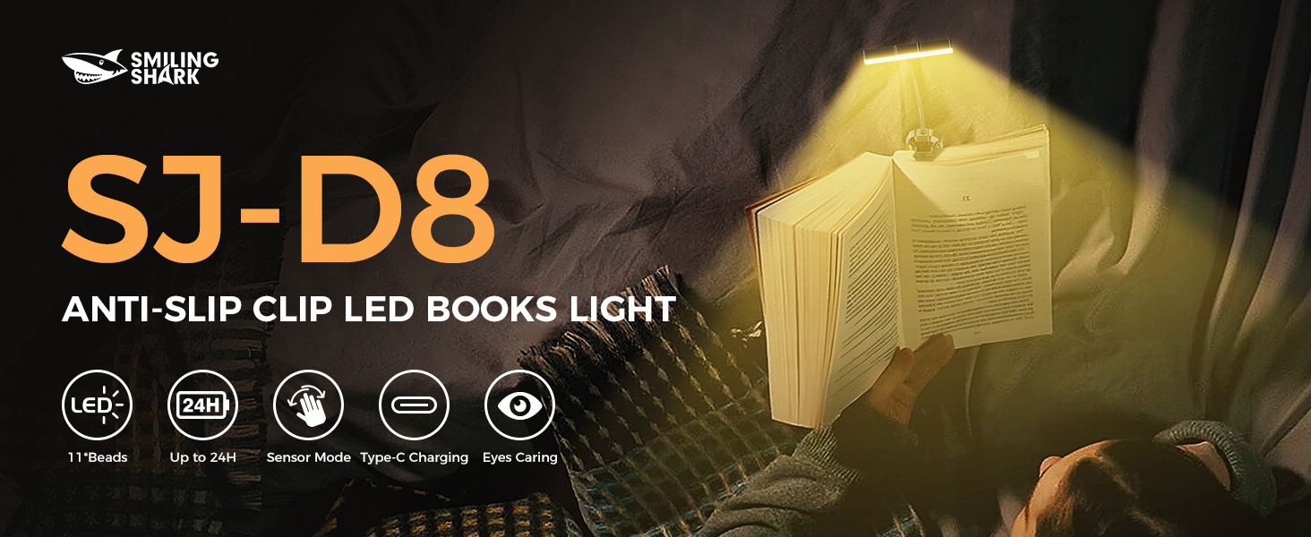 Ліхтарик для читання Smiling Shark LED, USB, 1200 mAh, 3 режими кольору, 6 режимів яскравості, гнучкий, з кліпсою та датчиком, індикатор батареї
