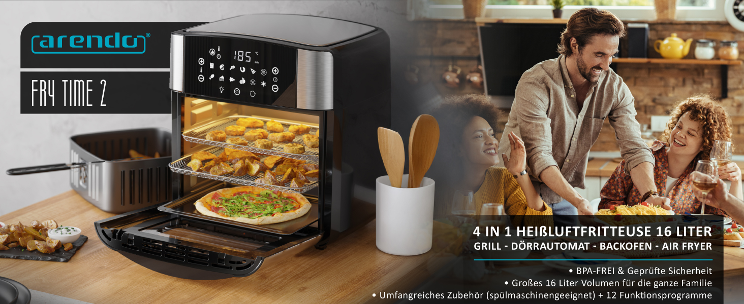 Фритюрниця Arendo XXL 16 літрів: духовка, гриль, сушарка, Air Fryer з сенсорним екраном EasyClean без олії. Ідеально для піци, курки та картоплі фрі. Без BPA.