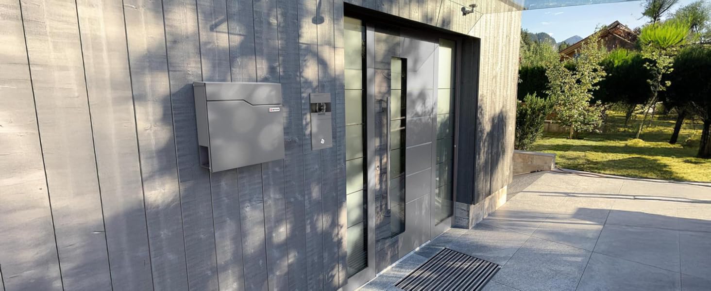 Поштова скринька Metzler Hoffmann з табличкою для імені та відділенням для газет – настінна металева, порошкове покриття, стійка до погодних умов, колір сірий алюміній Ral9007