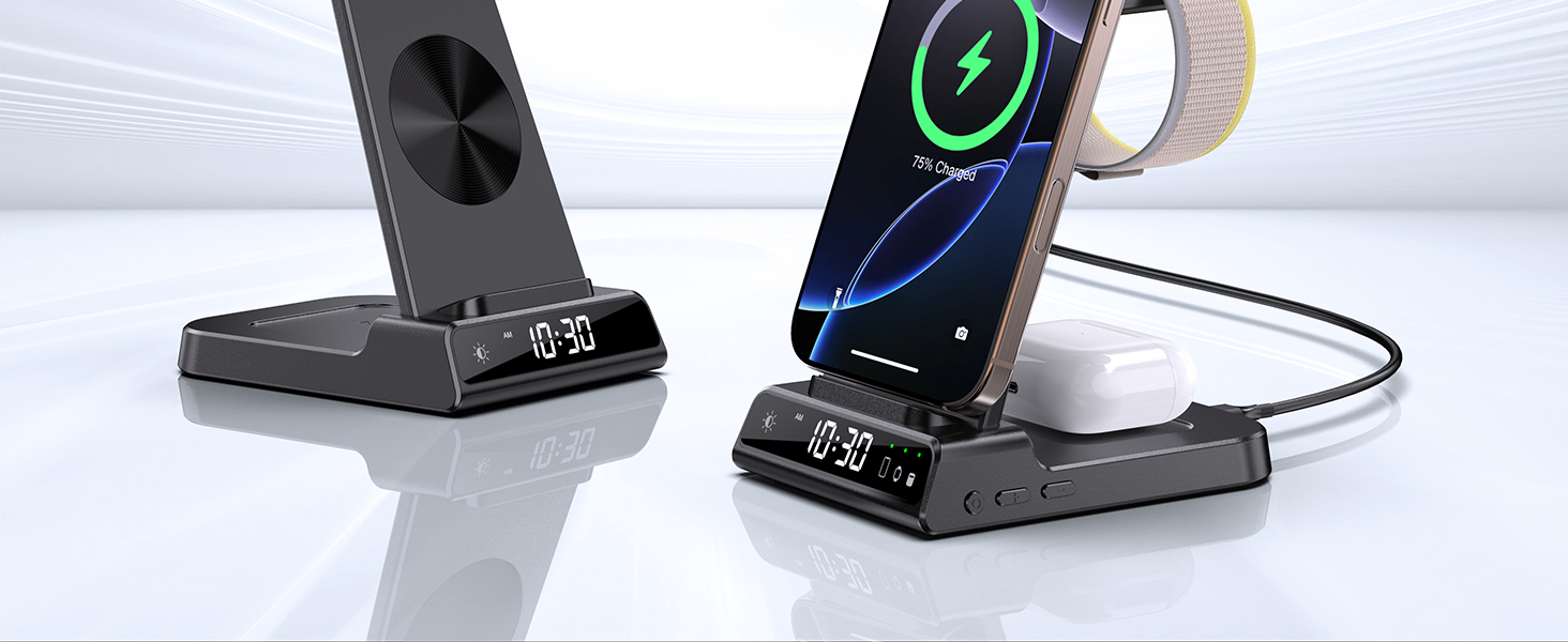 Зарядна станція 3-в-1 для Apple: iPhone 16/15/14, Apple Watch 10/9/8/7/6/SE та AirPods Pro/4. Бездротова зарядка