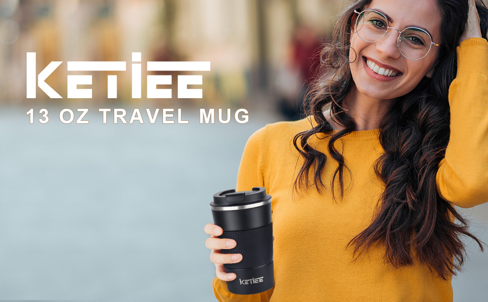 Термокружка KETIEE 380мл з нержавіючої сталі, 13oz, з кришкою, для кави з собою, чорна