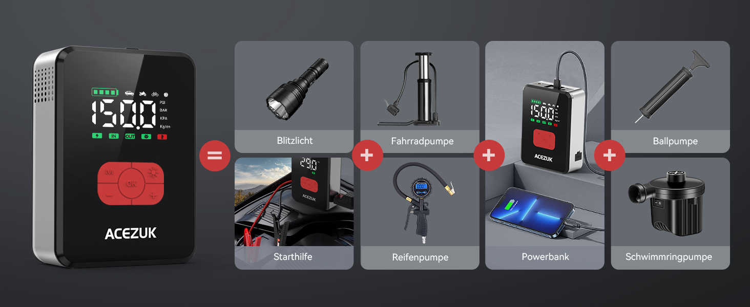 Powerbank Starthilfe 7000A з компресором 150PSI для автомобілів, LED-ліхтарик, 12V