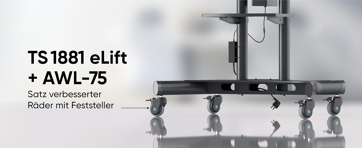 ONKRON Electric TV Stand with Wheels - Adjustable Height, 50-100 Inch TVs, 130kg Capacity, VESA 1000x600 - Black TS1991E-B