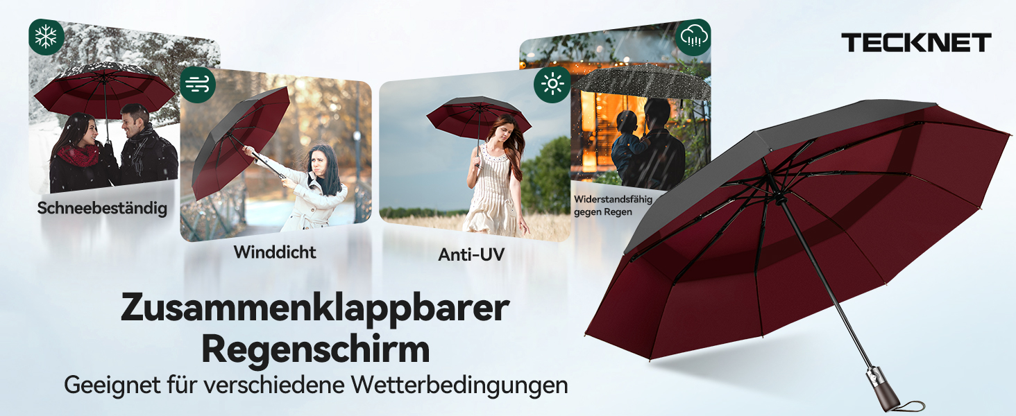 TECKNET Автоматичний парасолька, штормостійкий, легкий у використанні, чорний та червоний