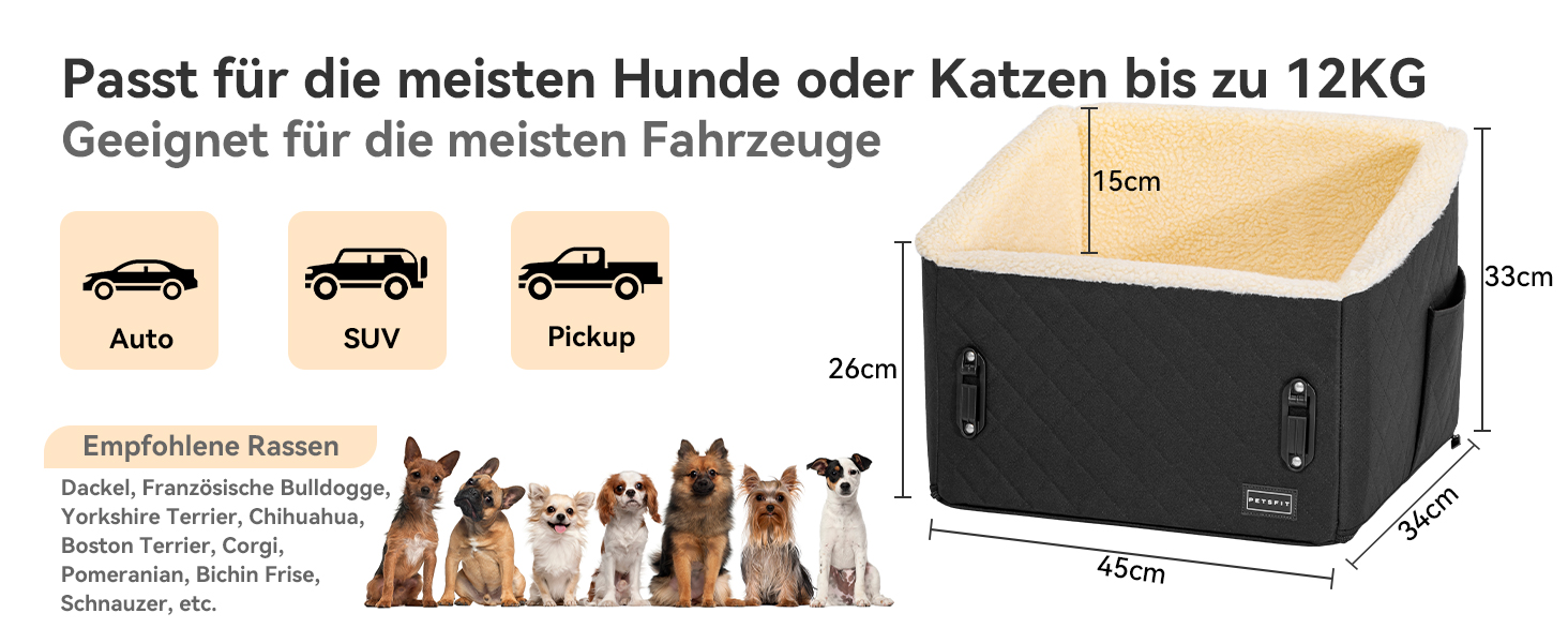 PETSFIT Автокрісло для собак, підняте на 12.5 см, для собак до 12 кг, чорний колір, знімний плюшевий чохол, безпечне кріплення