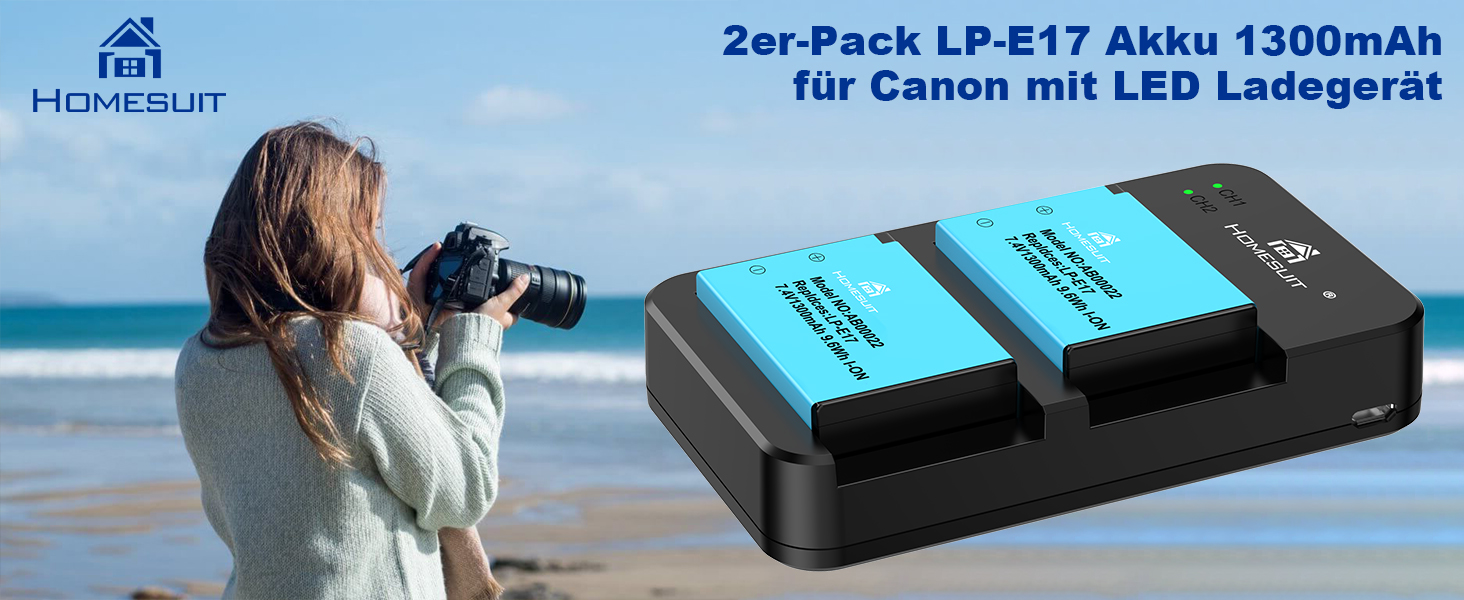 Акумулятор LP-E17 1300mAh 2 шт. + LED зарядний пристрій для Canon EOS Rebel SL3, SL2, T8i, T7i, T6i, T6s, R10, R50, R8, RP, M3, M5, M6, 200D, 77D, 750D, 760D, 2x LP-E17 + 1x LED
