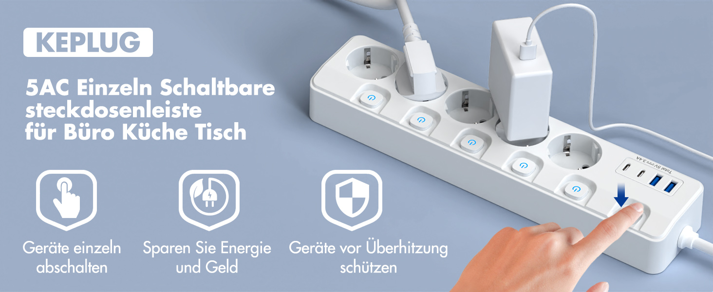 Многорозеткова смуга з 5 розеток та 4 USB-портами швидкої зарядки, KEPLUG, захист від перенапруги, індивідуальне вмикання/вимикання, плоский штекер, настінний монтаж, для офісу, кухні, столу, білий