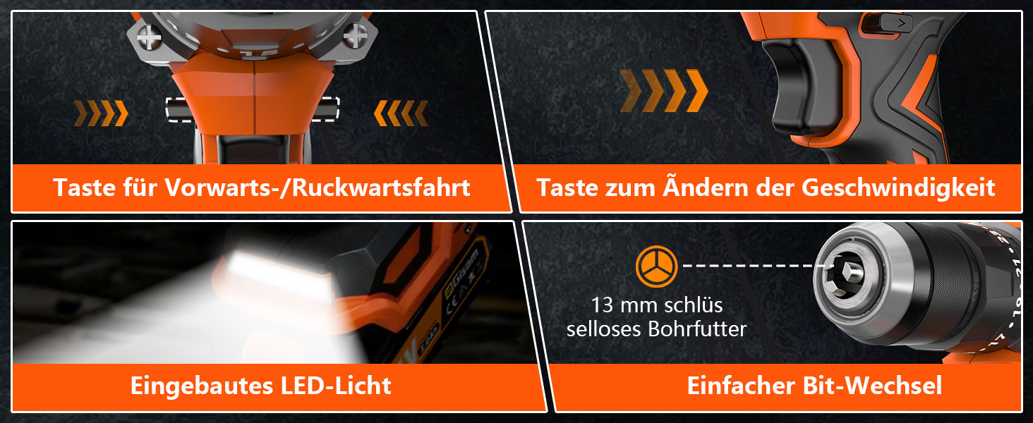 Акумуляторний шурупокрут/дрель 21V з набором 2 акумуляторів, 1200W двигун Brushless, 75Nm, 25+3 рівня крутного моменту, патрон 13мм, 2 швидкості, LED, 29-ти елементний набір для дому, саду та DIY-проектів помаранчевого кольору