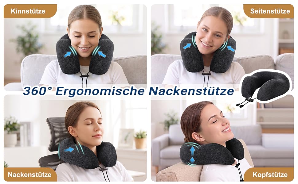 Подушка для подорожей Kobete з ефектом пам'яті (Memory Foam) для шиї, набір для сну в літаку, авто та поїзді: з 3D-маскою, берушами та сумкою, чорна