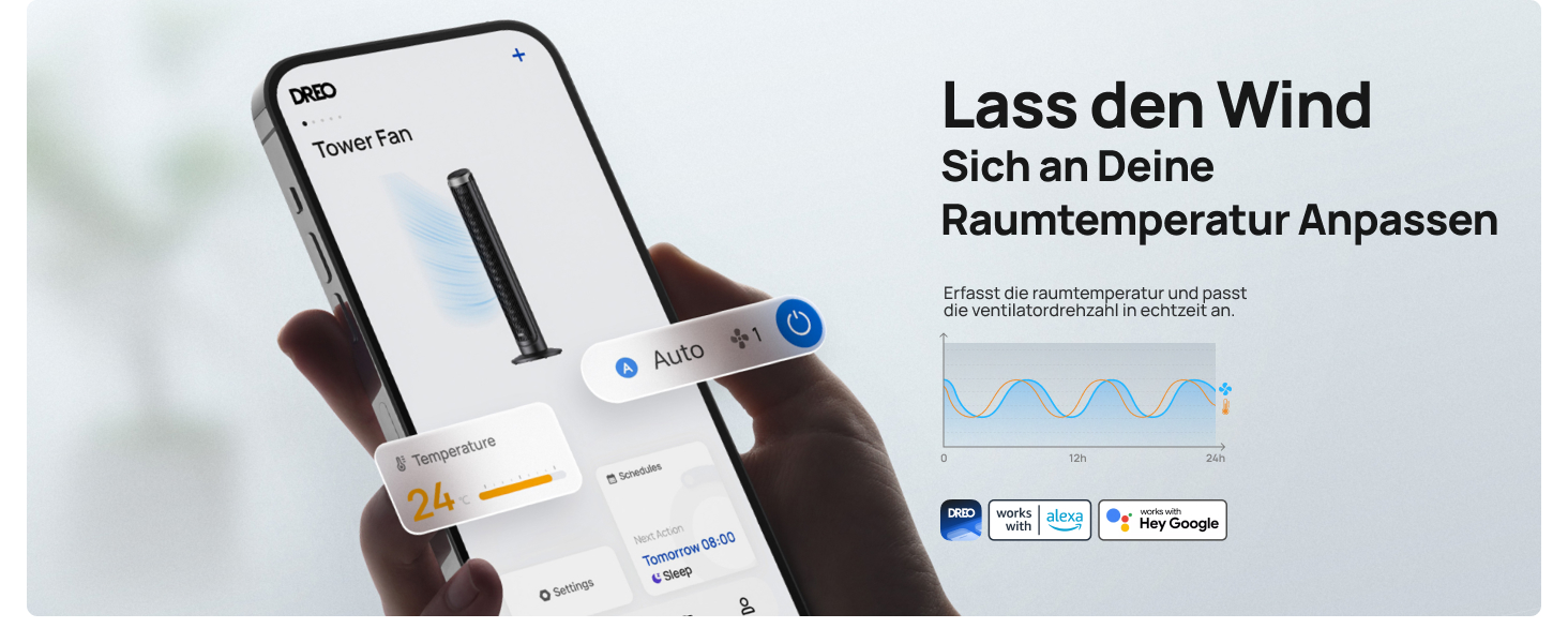 DREO Smart Tower Ventilator: Тихий вентилятор з Wi-Fi, дистанційним керуванням та керуванням голосом (Alexa), 90° осциляція, 5 швидкостей, 12-годинний таймер, сріблястий