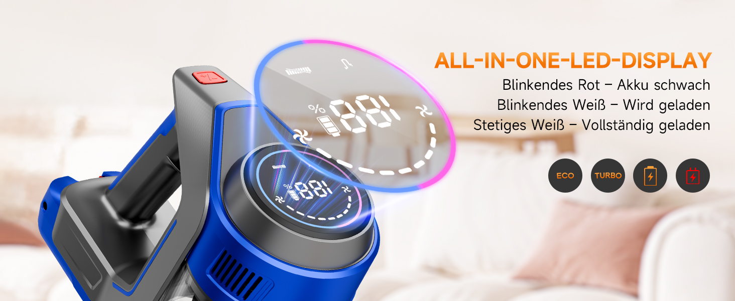 Бездротовий акумуляторний пилосос 45000 Па / 45 хв - 1,6 л з LED-дисплеєм, антизаплутувальною насадкою, тихий (<60 дБ), HEPA-фільтр, для видалення шерсті тварин, килимів, твердих поверхонь, авто, блакитний