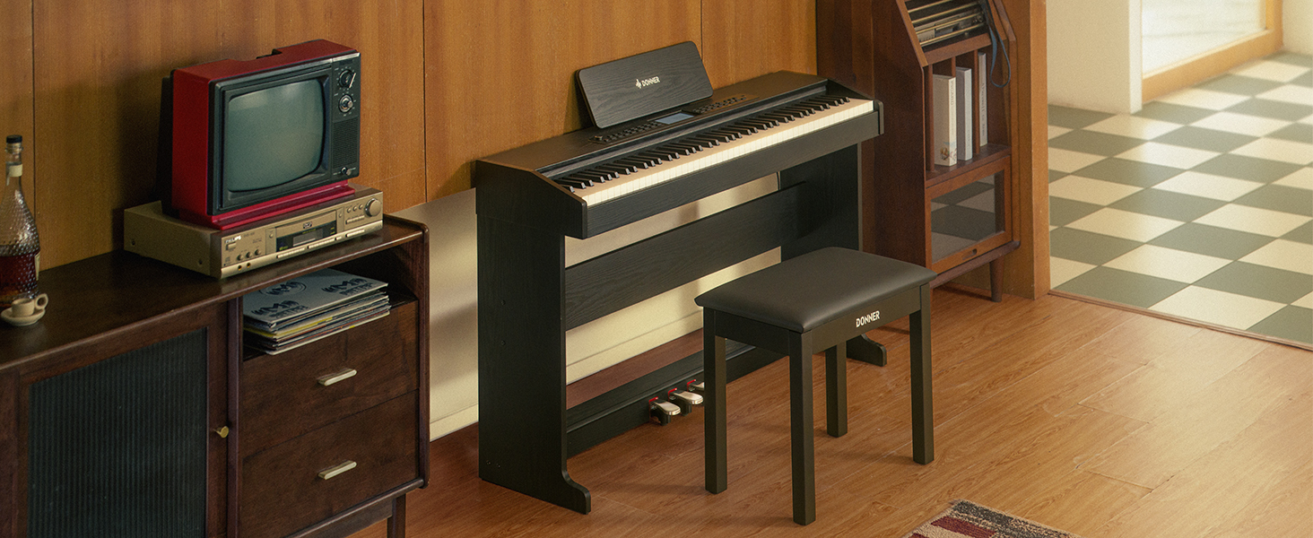 Цифрове піаніно Donner DDP-95 для початківців з 88 важними клавішами, підключення Bluetooth, LCD дисплеєм 11*5 см, 610 тембрів, 600 ритмів, 3 навчальні режими, чорний колір
