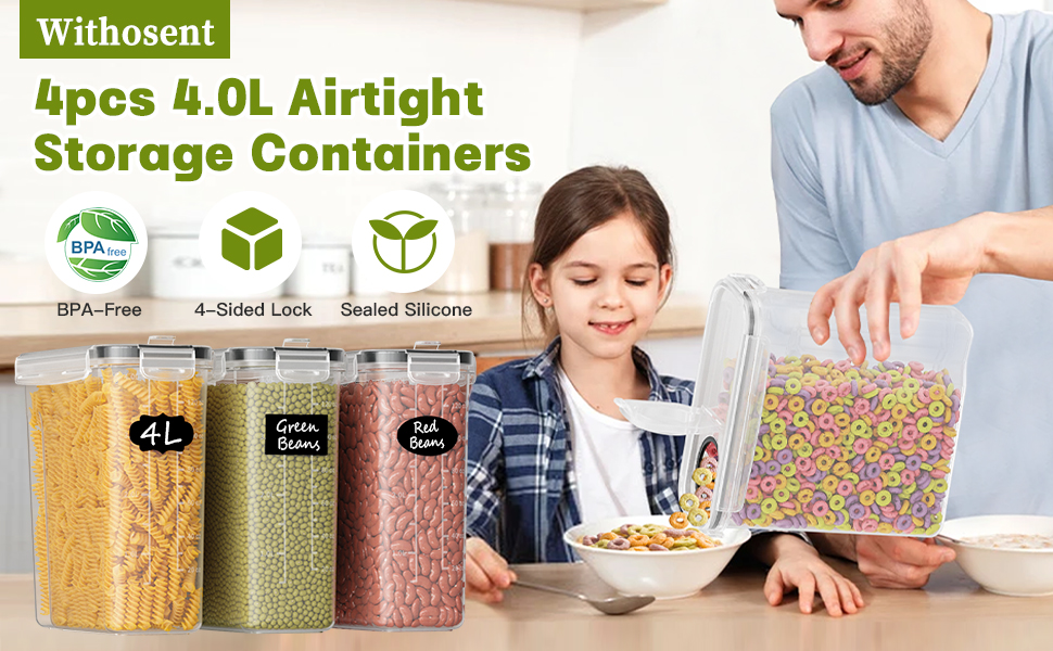 Набір контейнерів для зберігання Withosent 4L (4 шт.) з герметичними кришками, пластикові бокси для кухні, для круп, борошна, мюслі
