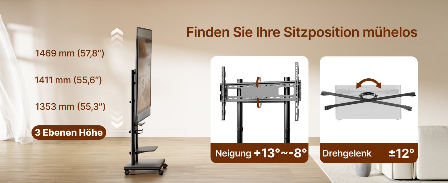 Підставка для телевізора на колесах, 50-90 дюймів, до 70 кг, регульована висота та нахил, з полицями, VESA 600x400 мм