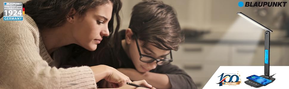 LED-лампа Blaupunkt на стіл з бездротовим зарядним пристроєм, USB-порт, регулювання яскравості, 5 кольорів, регульований кріплення, для офісу та читання, LCD-дисплей (годинник, календар, термометр), чорний