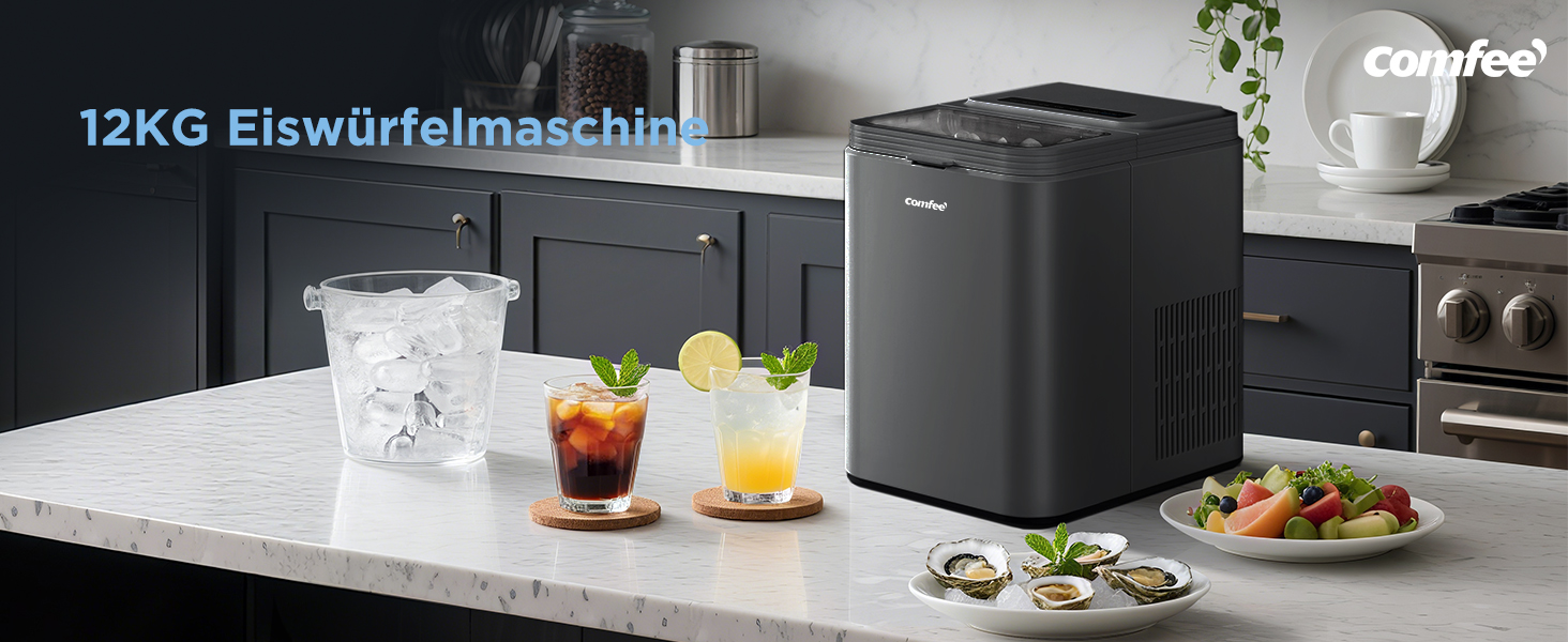 Машина для приготування льоду COMFEE' RCI12BL1EU(E) – чорна, 8 кубиків за 6 хвилин, 12 кг/24 год, 1.3л резервуар, самоочищення, компактний дизайн, з лопаткою та кошиком для дому