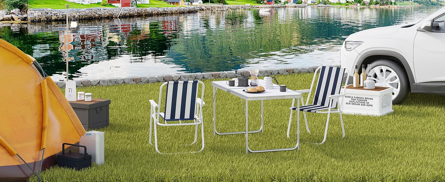 WOLTU Folding Camping Chairs, 2-Piece Set, Folding Chair, Lightweight Fishing Chair with Armrests for Picnic, Outdoor, Hiking, Garden, Balcony, (White+Blue)