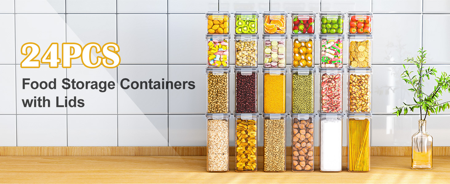 Набір контейнерів для зберігання продуктів 24 шт. – герметичні бокси з кришкою, органайзер для кухні, для борошна, цукру, мюслі та ін., з етикетками та маркером, для кухні та холодильника, 33,6 л