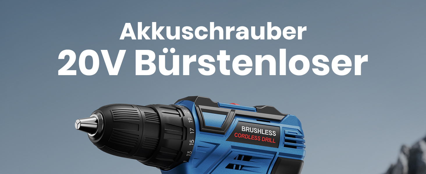 Акумуляторний дриль-шуруповерт 20V Brushless з набором інструментів (2 акумулятори 2.0Ah), 60Nm, 25+1 ступенів, LED-ліхтар, 10 мм патрон, 2 швидкості, для ремонту та DIY, синій