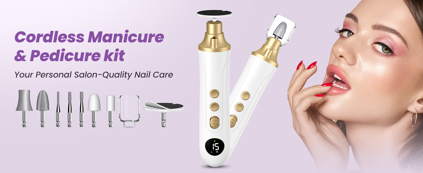 Електричний набір для манікюру та педикюру з 9 насадками та 15 рівнями швидкості, LED-підсвічуванням (W-Gold)