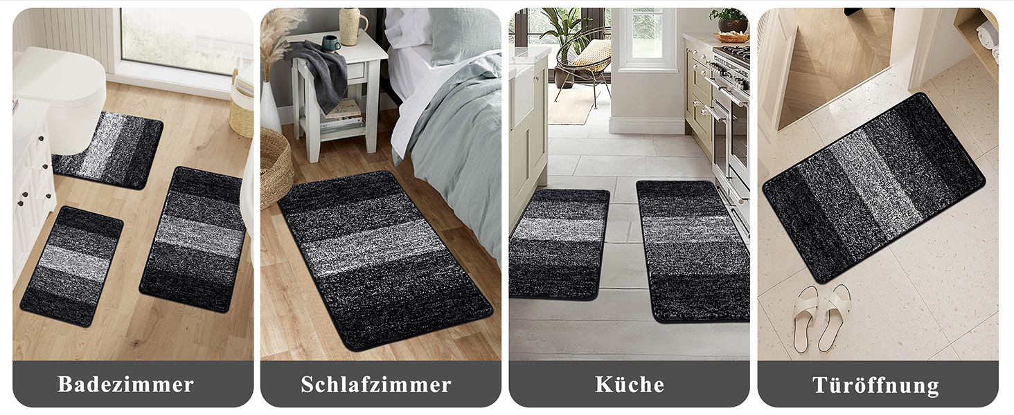 Enyhom 3-Piece Microfiber Bath Mat Set - Non-Slip Bathroom Rugs & Toilet Lid Cover - Soft & Washable (Black, 45x65cm, 50x80cm, 50x60cm)