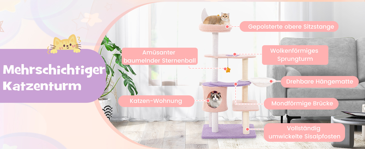 Дерев'яний кігтеточка для котів Costway з будиночком, гамаком та мотузкою, активний комплекс для котів, фіолетово-рожевий (48x68x167см)