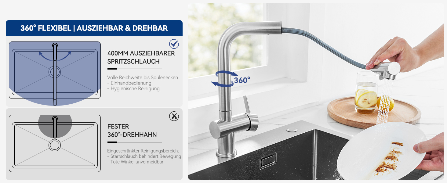Змішувач кухонний CECIPA Hochdruck, висувний, з дозатором води, чорний, нержавіюча сталь, 360° поворот, ×207B (L-подібний, для високого тиску)
