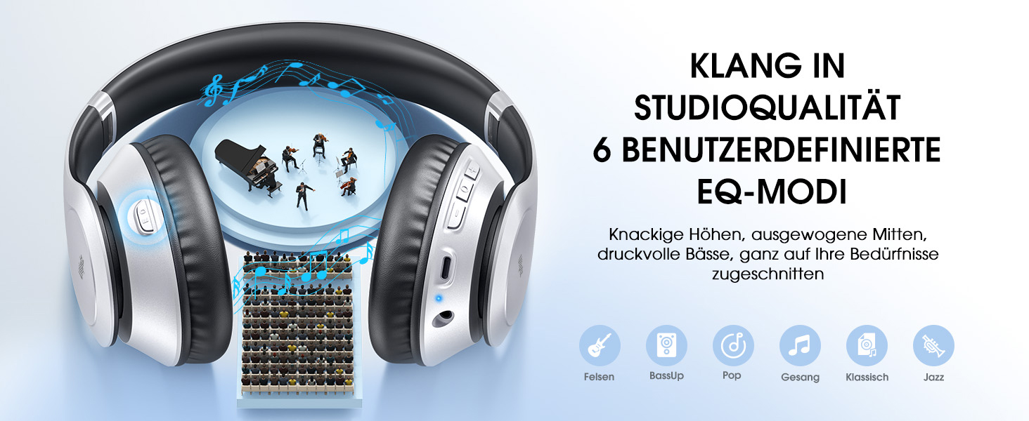 Бездротові навушники Uliptz Over-Ear Bluetooth з 65 годинами роботи, 6 EQ-режимів, HiFi стерео, складна конструкція для подорожей/офісу/телефону/ПК (срібні)