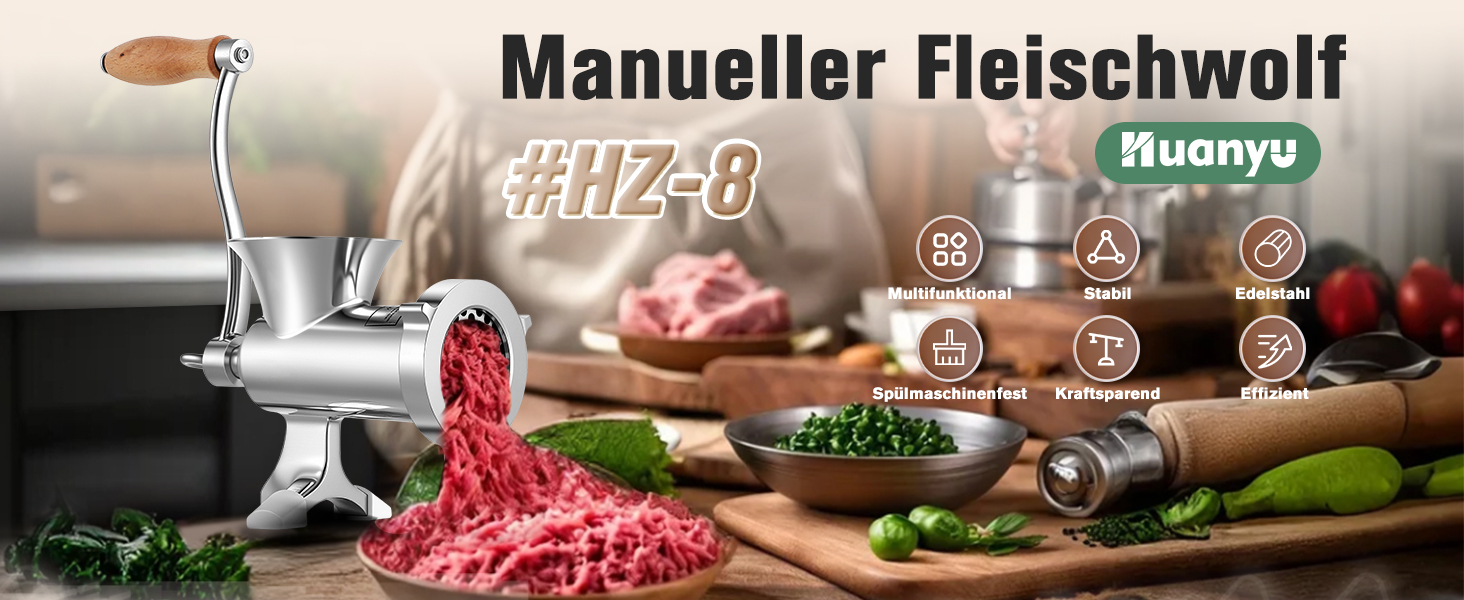 М'ясорубка ручна Huanyu з нержавіючої сталі, насадка для ковбас та печива, миється в посудомийній машині (№8)