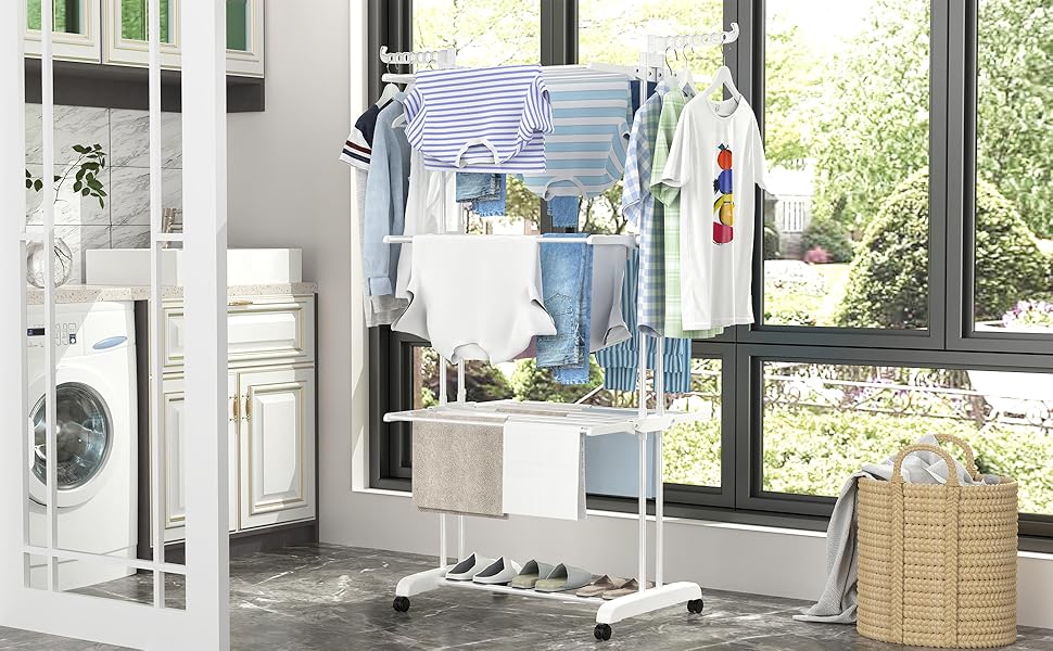 Сушилка для білизни Turm з 6 відкидними крилами та 2 бічними крилами, мобільна сушилка-вежа для дому та вулиці (біла)