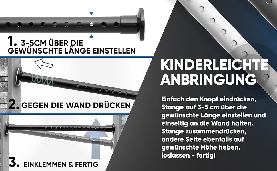 Штанга для душу без свердління 160-210 см, срібна, Ø 32 мм, телескопічна, з кріпленнями - для ванни, дверей, шафи. Нержавіюча сталь