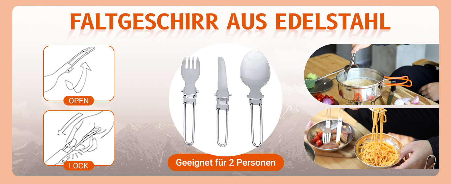 Набір посуду для кемпінгу KingCamp на 2-4 особи: нержавіюча сталь, складаний посуд, легко важить, набір каструль та сковороди для кемпінгу, 2 каструлі + 1 сковорода + столові прибори