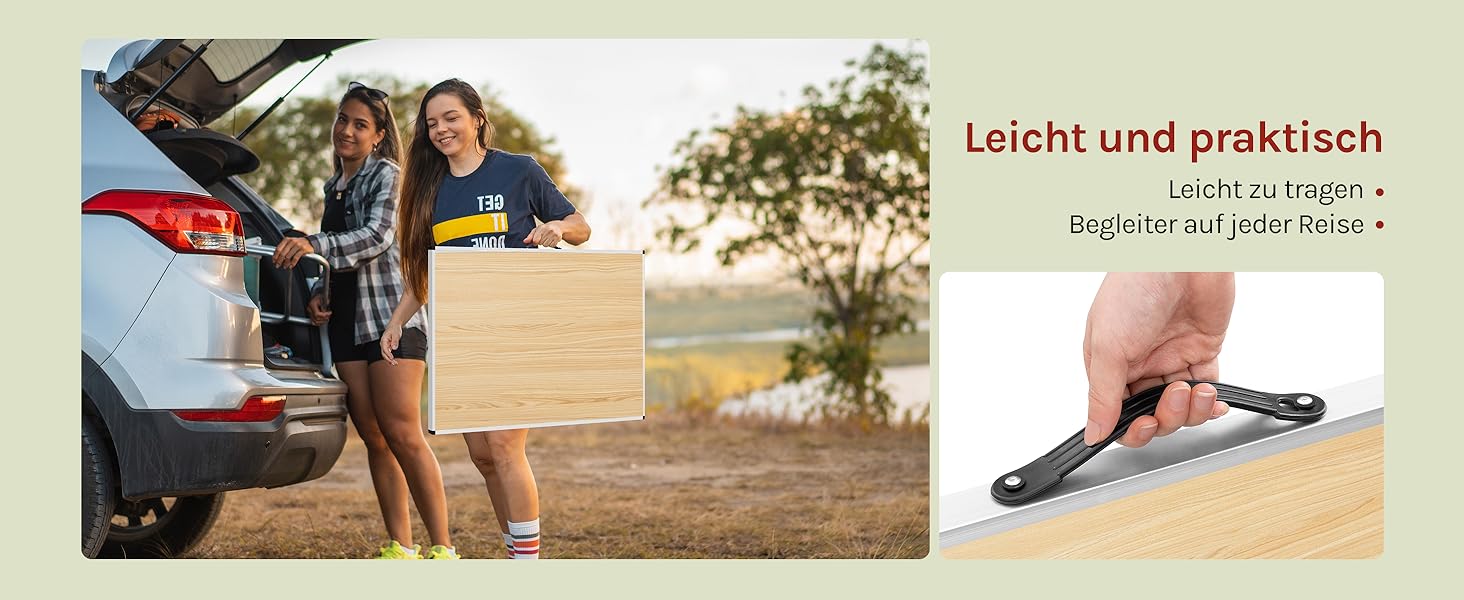 Складаний столик Woltu для кемпінгу та відпочинку на природі 100x60 см, регульована висота, алюмінієвий каркас з MDF, для кемпінгу, саду, заходів та ринків (світлий дуб)