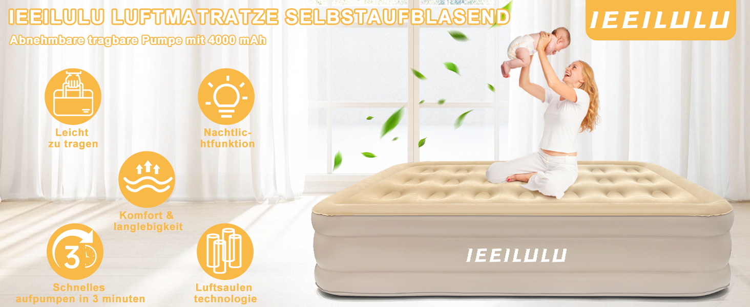 Надувний матрац самонадувний, односпальний з насосом та нічним світлом, 190 x 100 x 40 см, для дому та кемпінгу