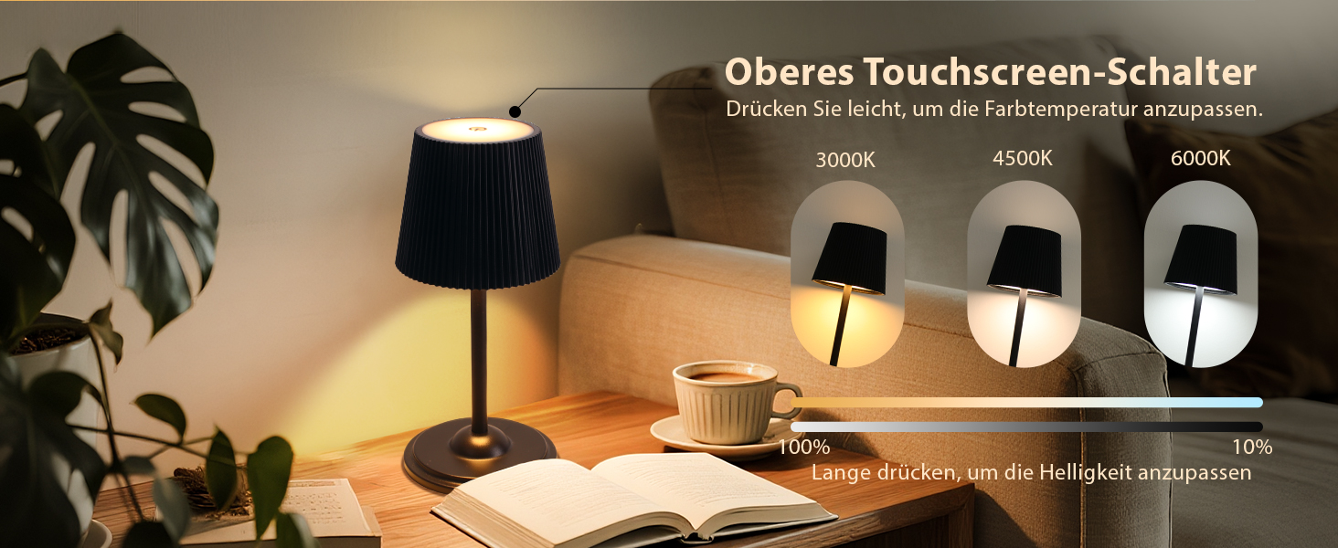 Світлодіодна настільна лампа бездротова з регулюванням висоти, USB-C нічник з 3 режимами освітлення та димером, портативна металева акумуляторна лампа для вітальні, спальні та вулиці (Чорна)
