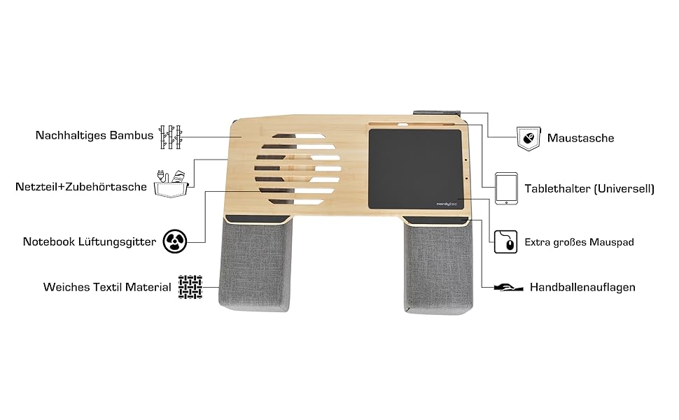 Стіл для ноутбука Couchmaster CYWORX: ергономічний, для дивану, софи та ліжка. Широкий стіл для ноутбука з підключенням периферії. Кольори: сірий, коричневий, чорний