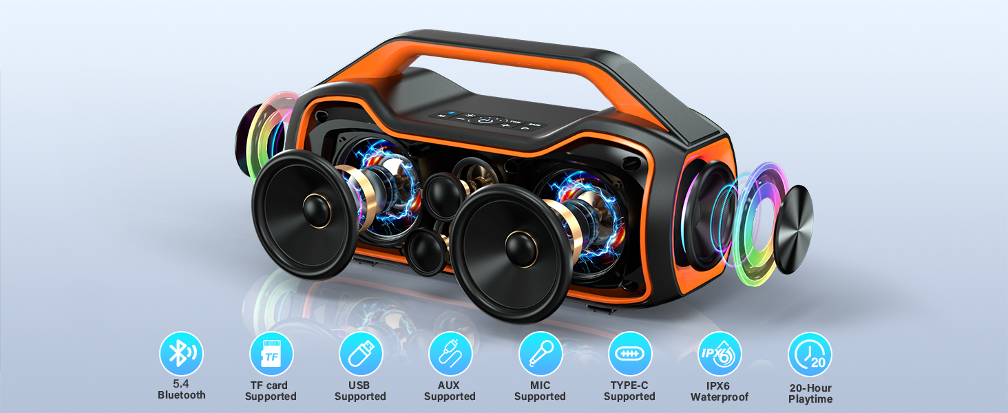 Bluetooth колонка портативна 120W помаранчева з басами, водонепроникна IP65, підтримка DSP/TWS/AUX/TF/BT5.4 для вечірок та пляжу