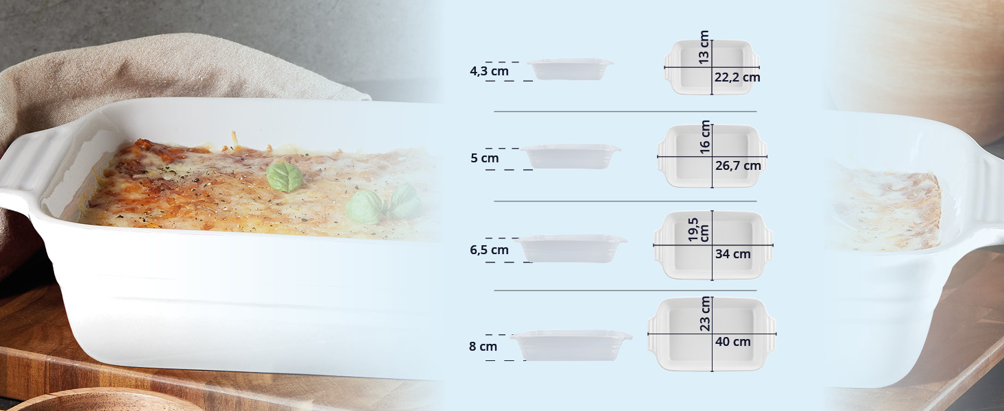 Форма для запікання KHG велика 40 см, 3 л, для 4-6 осіб, кераміка, прямокутна, стійка до подряпин, для лазаньї, тірамісу та іншого (1 шт, біла)