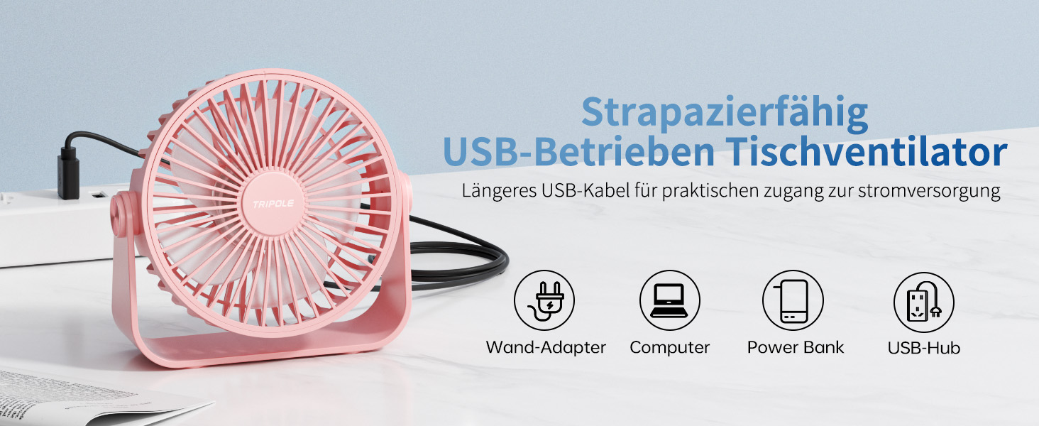 Триполю USB Настільний Вентилятор, 3 швидкості, регульований, потужний потік повітря, 360° обертання, кабель 1,5 м, рожевий, компактний міні-вентилятор