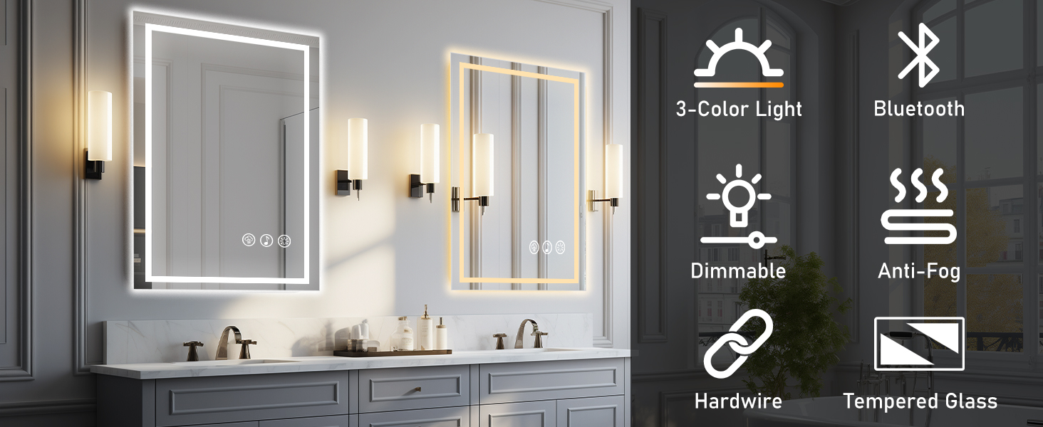 Дзеркало для ванної кімнати 50x70 см з підсвічуванням LED, антизапарююче, димування, 3 кольори світла, Bluetooth