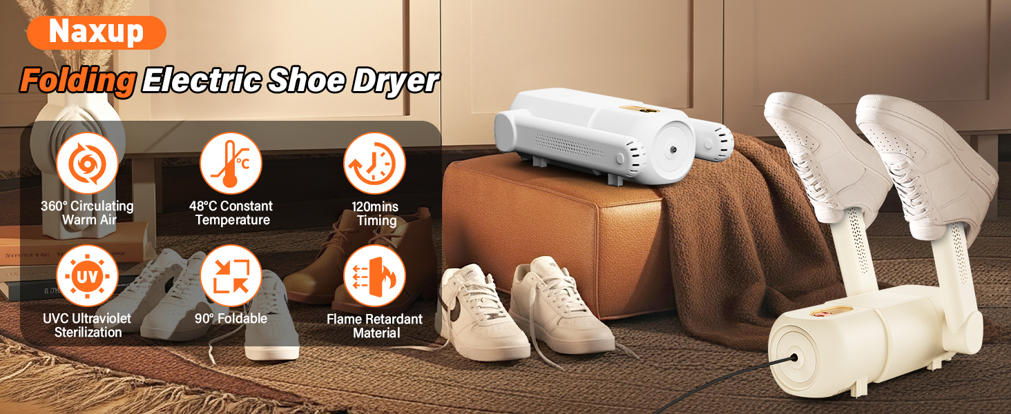 Електричний сушильник для взуття та черевиків з таймером 120 хв, UV-підсвічуванням, складний дизайн (Бежевий)