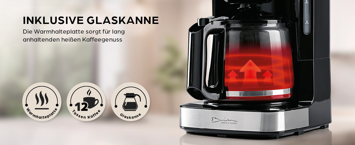Кавомашина Barista Filterkaffeemaschine з регульованим м'яльним жорном та термокружка | Функція підігріву, таймер 24 години та постійний фільтр | Для 10 чашок кави | Кавомашина для зерен та меленої кави [Нержавіюча сталь] (10) Чорний колір - скляна колба (сенсорний дисплей)