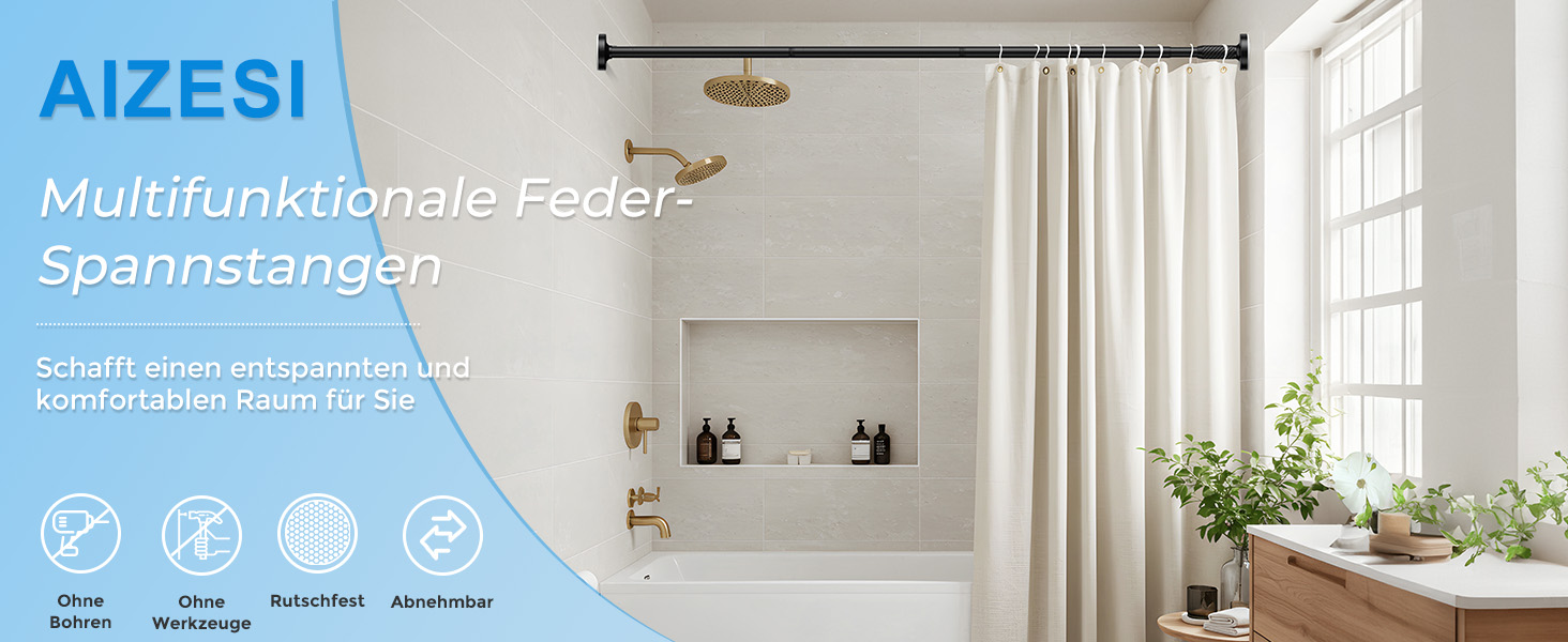 Штанга для штор без свердління AIZESI 100-230 см, Ø 25 мм, телескопічна - для вікон, душу, балкону (чорний)