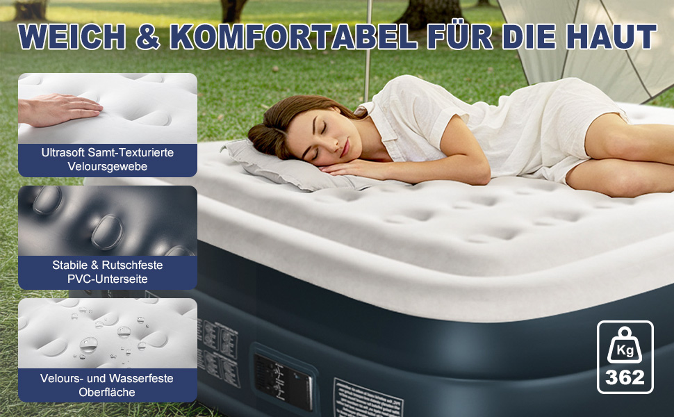 Надувний матрац LEADZM для двох осіб з електронасосом, 203x152x46 см, сірий. Самороздувний, флок + PVC, до 295 кг