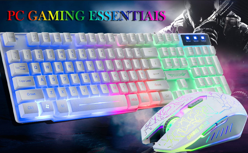 Ігровий набір клавіатури та миші UK-Layout 4-в-1 з підсвічуванням Rainbow, миша 2400 DPI, навушники, килимок для миші, для ПК (K&M-White)