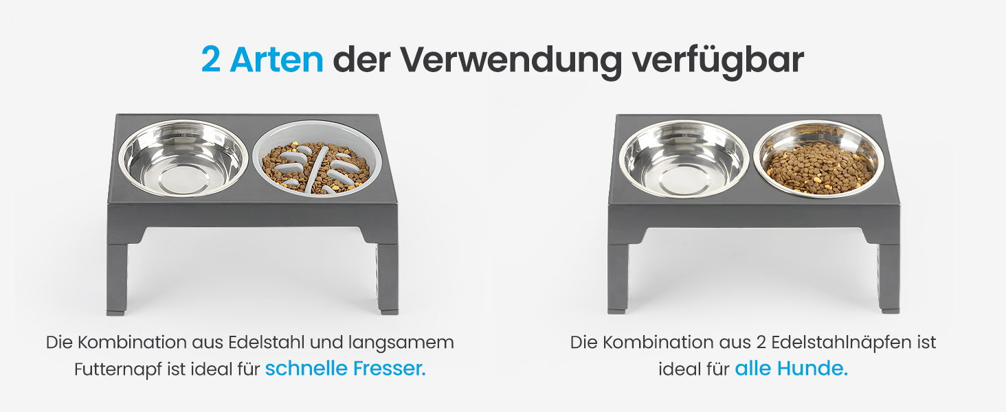 Elevated Dog Bowls Set - Stainless Steel & No-Drip Design - Adjustable Height, 2x 1.2L & 0.8L - Grey