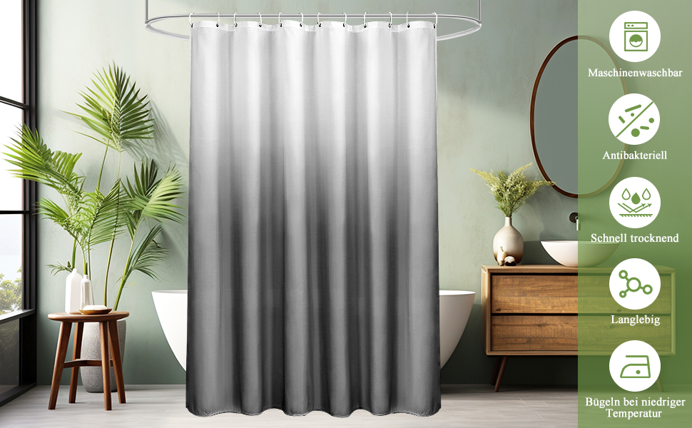 Шторка для душу AooHome 180x200 см, текстиль, сіра. Водостійка, з градієнтом кольору, антигрибкова, з 12 кільцями. Підходить для ванної кімнати.